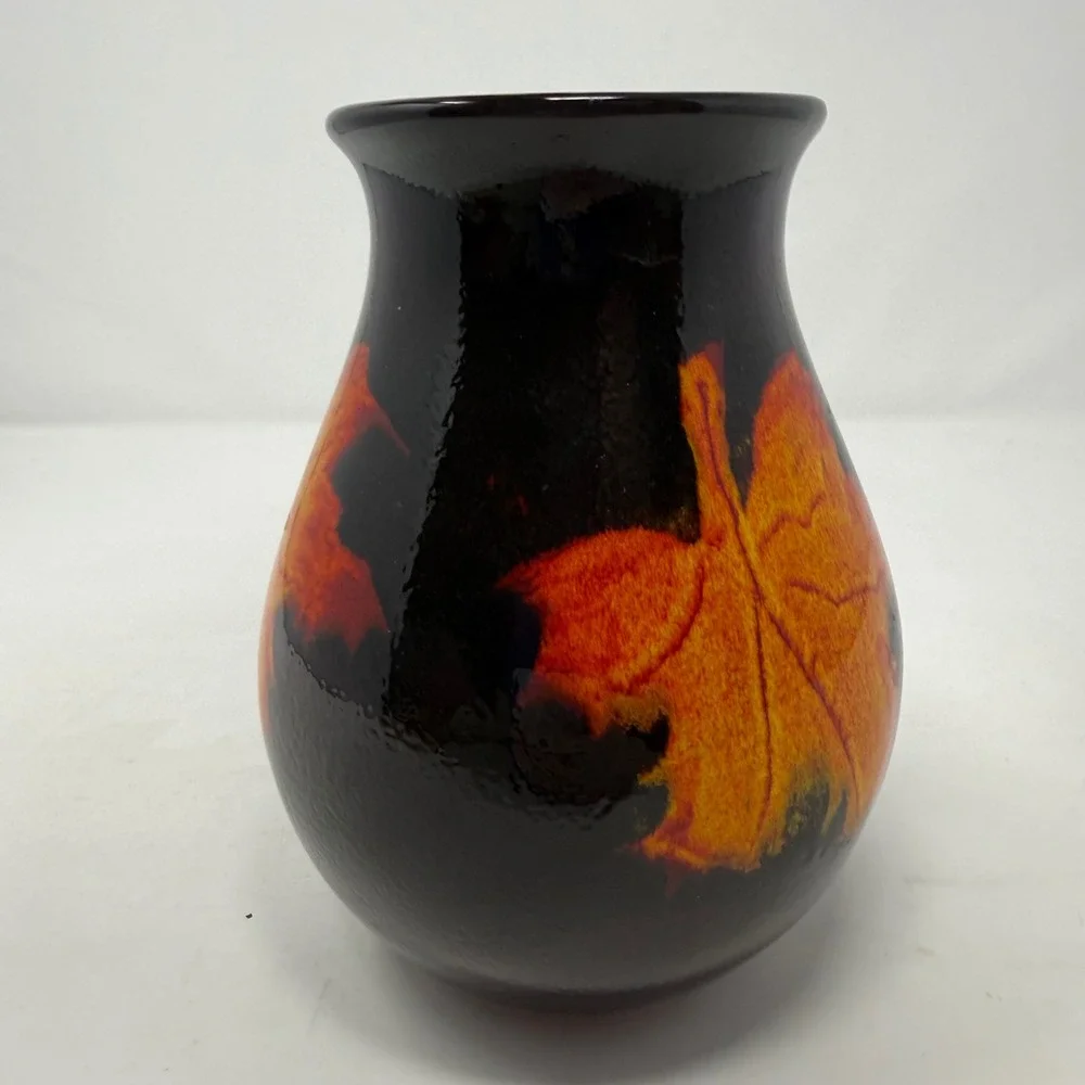 Poole Pottery England Black Maple Leaf Vase Orange Yellow Art Pottery Ceramic 8